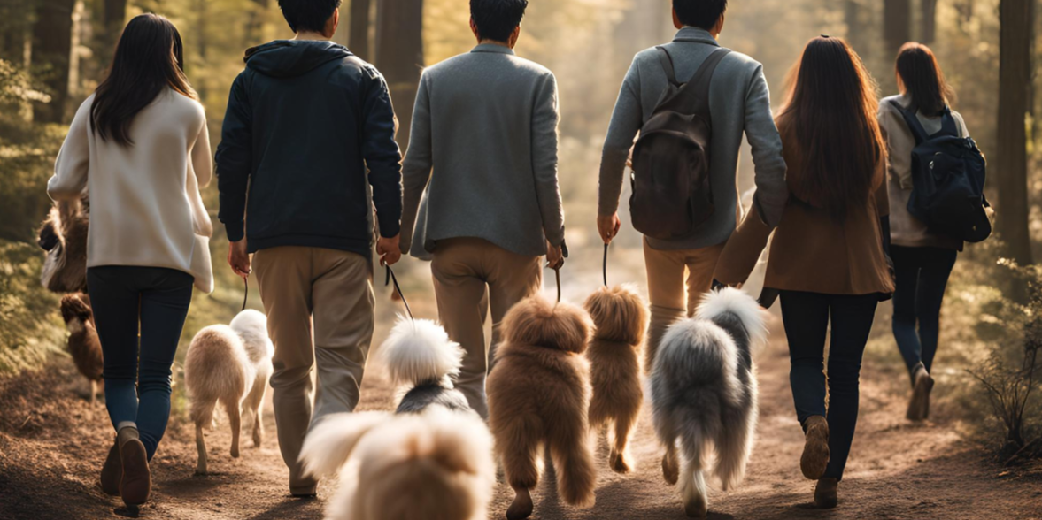 Gruppe von Menschen, die kleine Hunde durch einen sonnigen Wald spazieren führen.